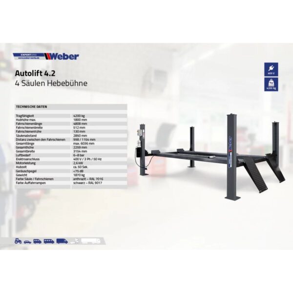 Podnośnik czterokolumnowy elektrohydrauliczny 400V 4,2T długie rampy Weber - obrazek 4