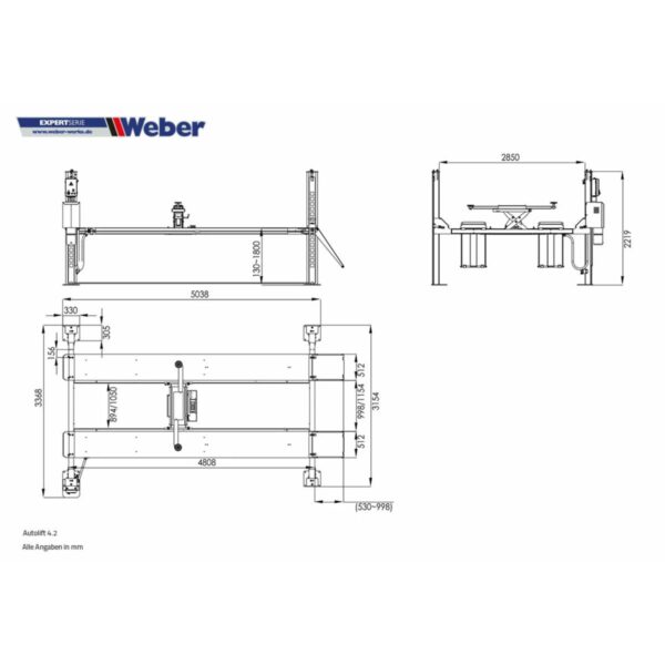 Podnośnik czterokolumnowy elektrohydrauliczny 400V 4,2T długie rampy Weber - obrazek 3