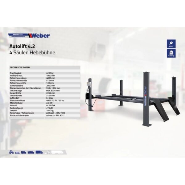 Podnośnik czterokolumnowy 4200kg długie najazdy 400V Weber - obrazek 3