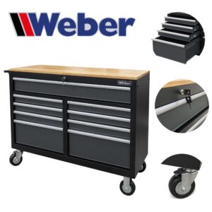 Mobilny wózek warsztatowy z 9 szufladami i drewnianym blatem roboczym Weber
