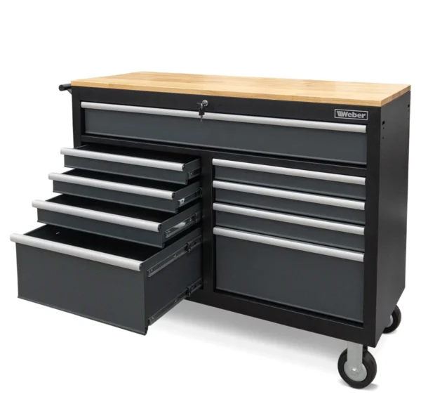 Mobilny wózek warsztatowy z 9 szufladami i drewnianym blatem roboczym Weber - obrazek 2
