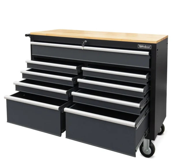 Mobilny wózek warsztatowy z 9 szufladami i drewnianym blatem roboczym Weber - obrazek 3
