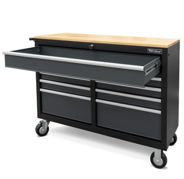 Mobilny wózek warsztatowy z 9 szufladami i drewnianym blatem roboczym Weber - obrazek 4